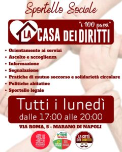 MARANO. Lo Sportello Sociale de La Casa dei Diritti “I Cento Passi” riapre le porte con un appuntamento fisso