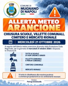 MUGNANO. Nuova allerta meteo arancione: mercoledì 21 ottobre chiuse scuole e mercato rionale