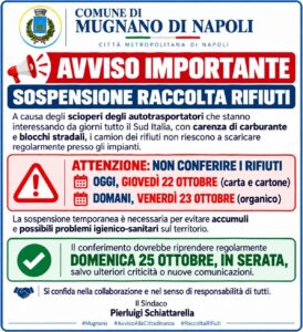 MUGNANO. Sospensione raccolta dei rifiuti